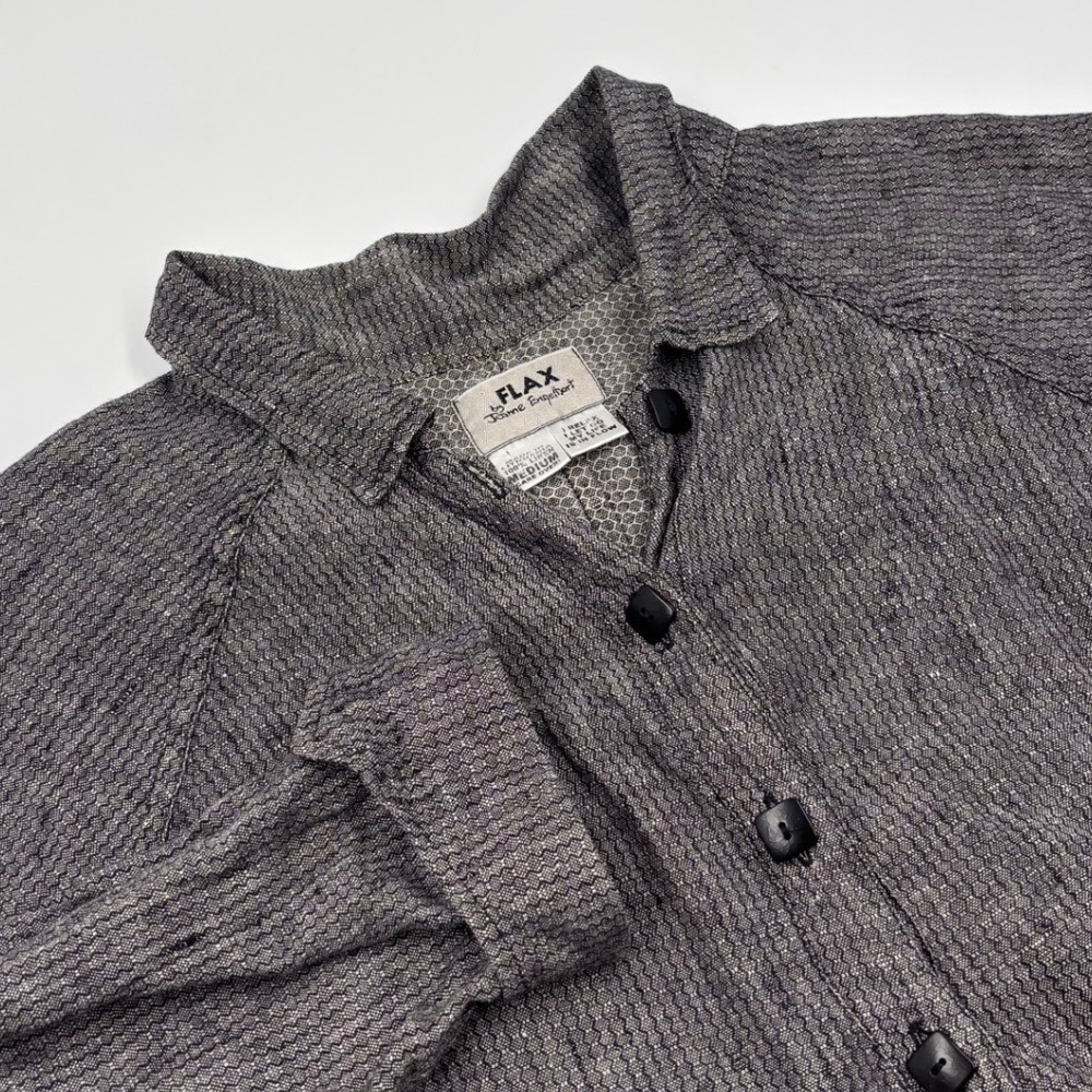 FLAX Jeanne Engelhart Women's M Grey Linen Honeycomb Textured Button Up Blouse